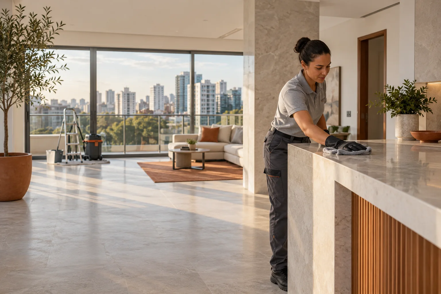 Conceito ilustrativo de limpeza após obra em apartamento contemporâneo